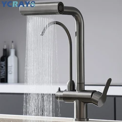 YCRAYS 4 Mode Waterfall Pull Out Kitchen Sink Faucet With Pure Tap Black Hot Cold Mixer Brushed Nickle Stream Sprayer Head Gray