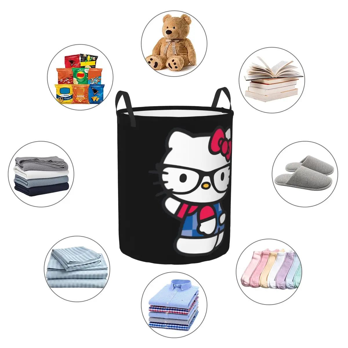 Hello Kitty Wearing Glasses Stuff Storage Basket Box Funny Cartoon Organizer Bins for Game Room