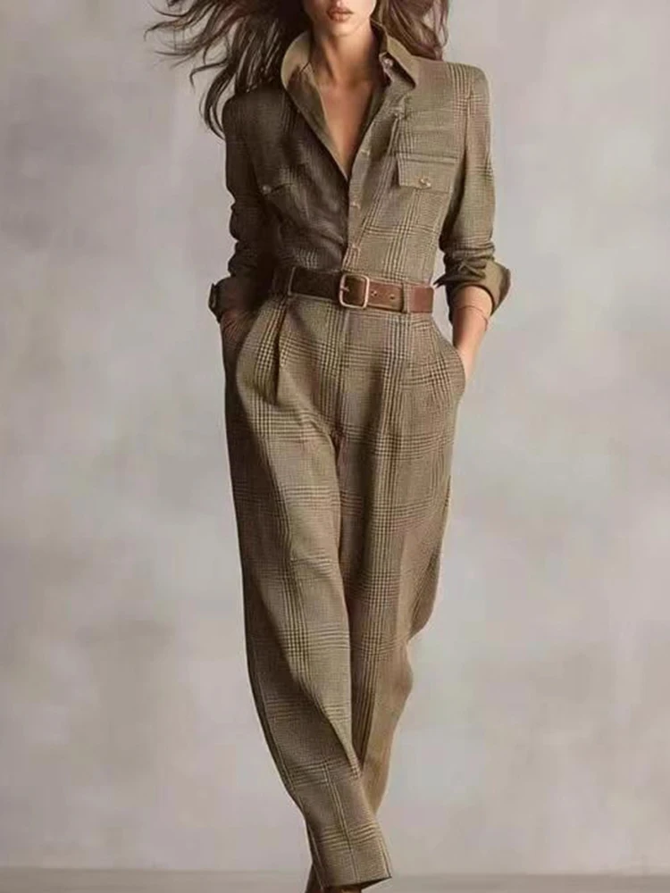 

Винтажные комбинезоны с принтом в сетку и лацканами, повседневные вечерние комбинезоны с высокой талией и длинными рукавами, элегантные женские однобортные комбинезоны с карманами