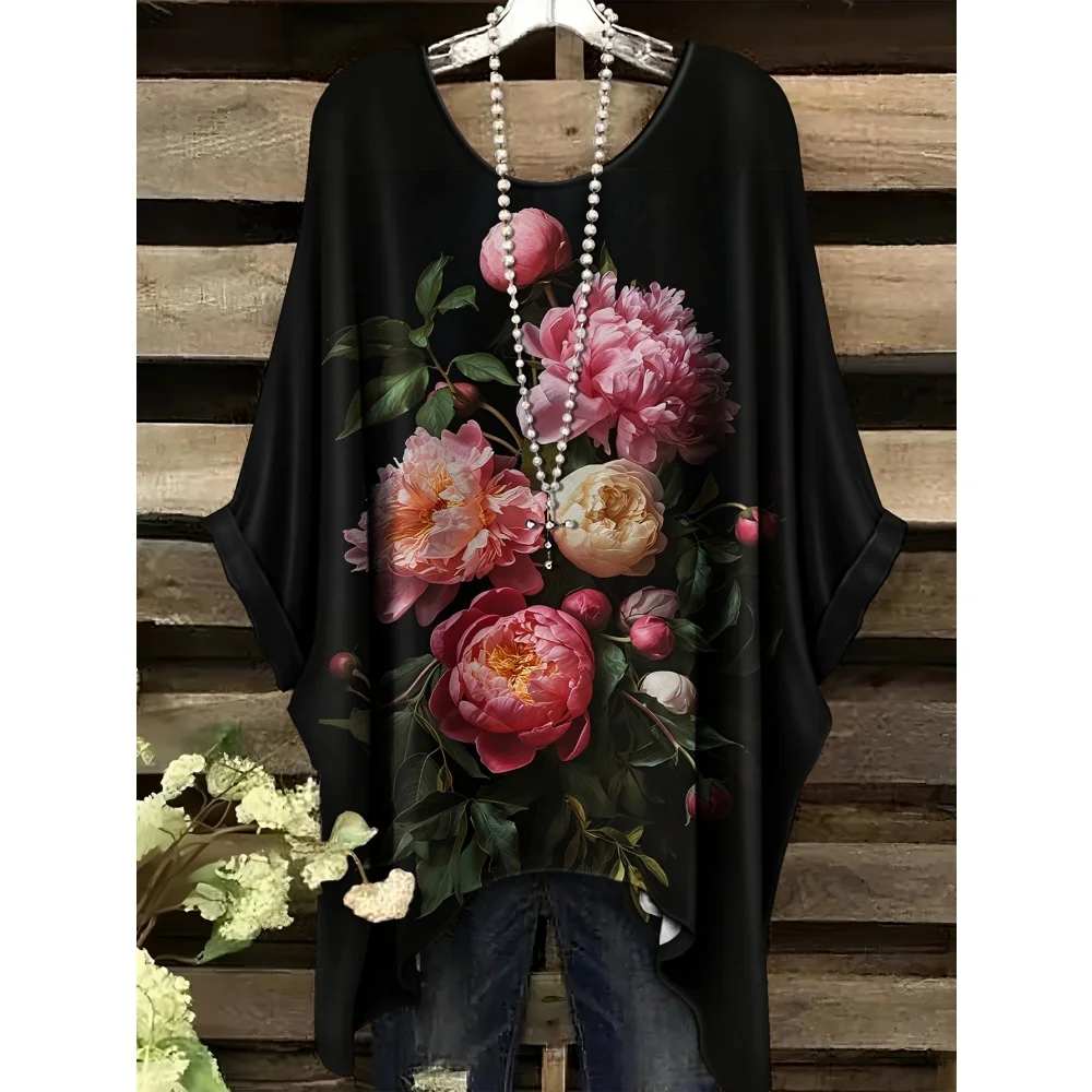 Camisetas con estampado de flores bohemias para mujer, camisetas Y2k con gráfico de cuerpo completo Retro colorido negro, camisetas asimétricas de cáñamo y cuello redondo de verano