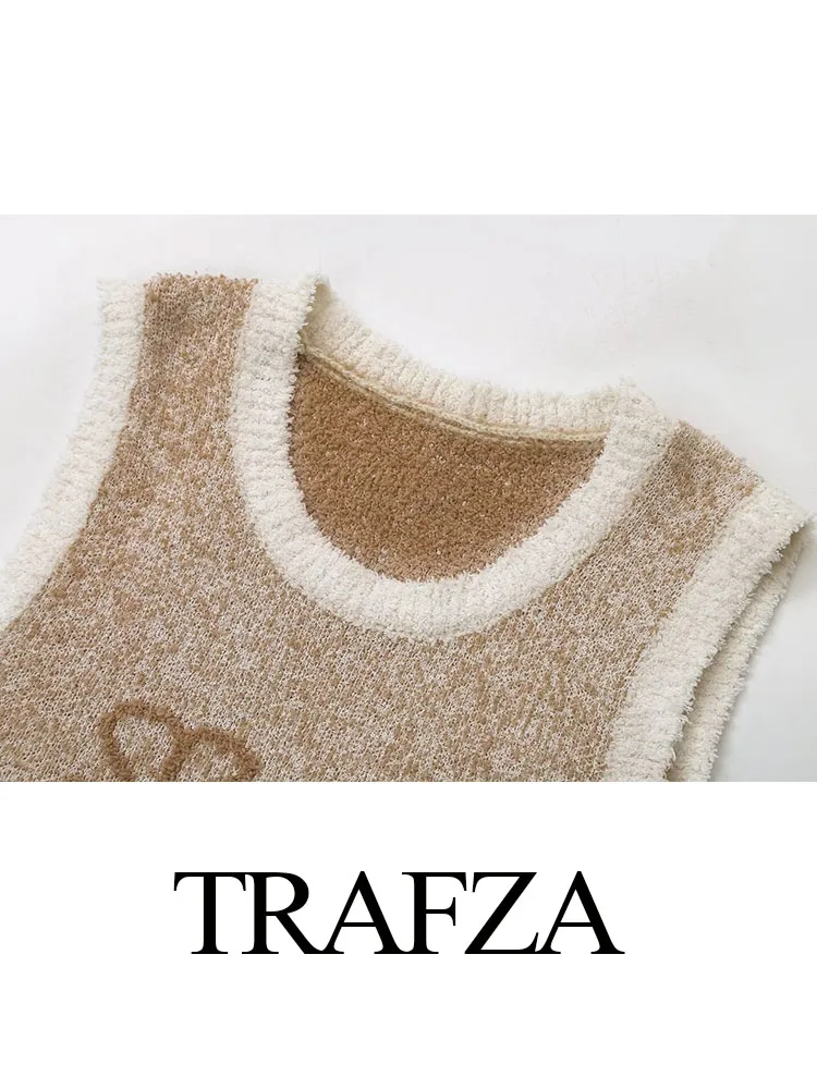 TRAFZA Women\'s Spring Fashion Jacquard Knitted Short Vest Chic Round Neck Women\'s Sleeveless Pullover Plush Textured Street Top