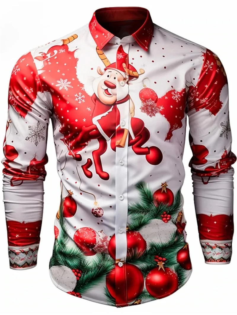 3D Printed Christmas Snowflakes Casual Fashion Comfortable Button Down Shirt Men's Long Sleeve Party Shirt Top Men's Santa Claus