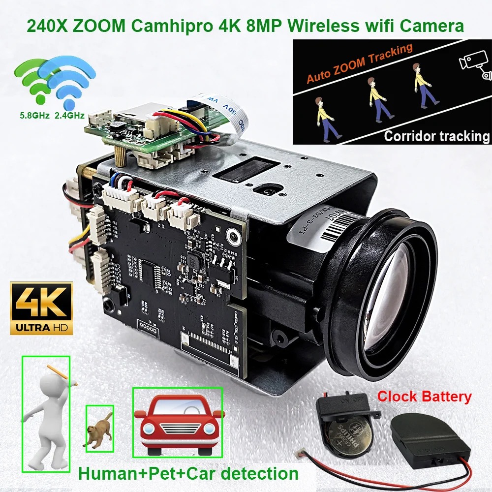 CamhiPro 4K 8MP 240X 줌 Wifi 무선 IP 카메라 자동 IRIS P2P ONVIF sony IMX415 WIFI SD 256GB IP 카메라