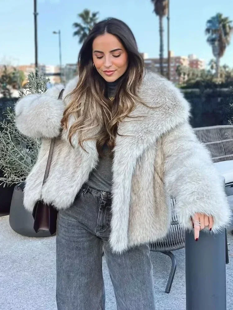 Faux Fur Coat Women 2024 Winter Turndown Collar Thick Warm Fur New Outerwear Female Casual Loose Long Sleeve Chic Coats