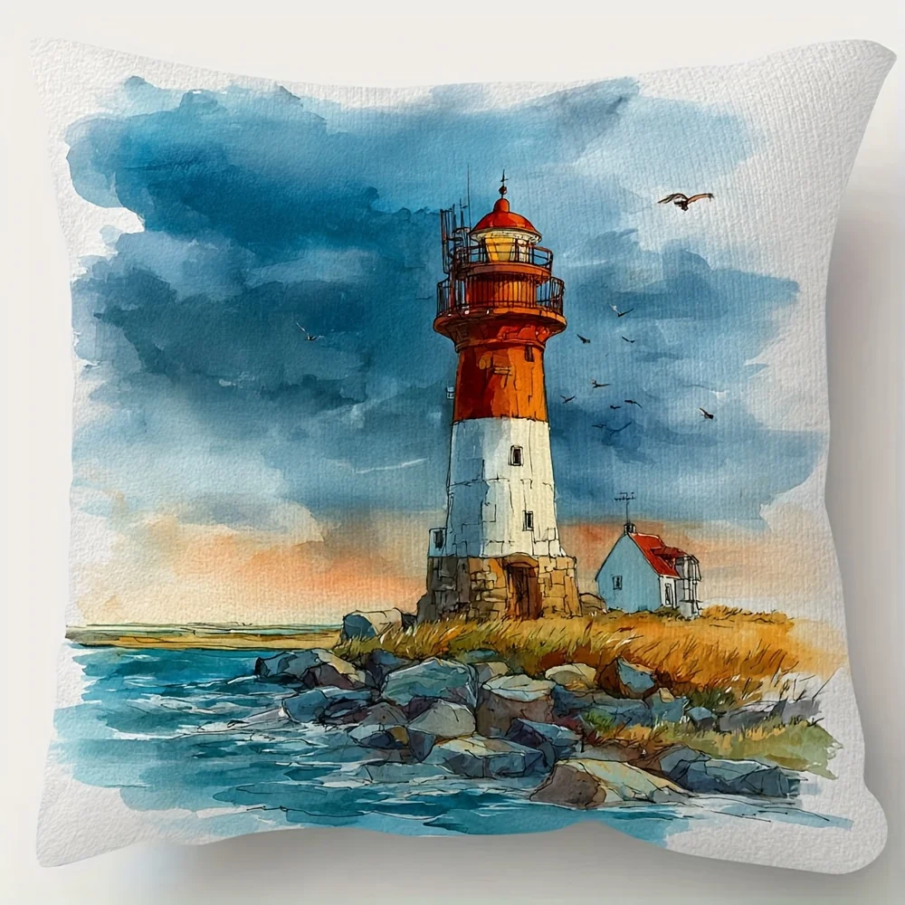 White Pillow Cover Watercolor Lighthouse on Rocky Coast Print 45x45cm18x18Inch Square Decor Cushion cover