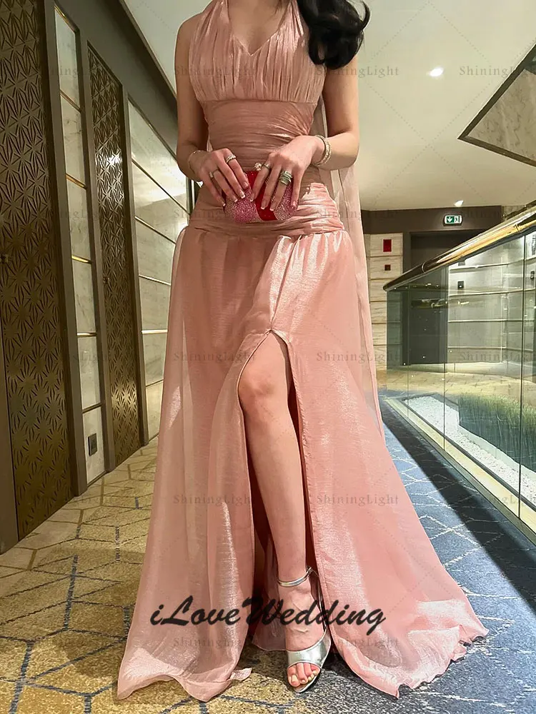 ShiningLight ハイウエスト スプリット イブニング ドレス ソリッド カラー セクシー ホルター プリーツ ロング プロムドレス シフォン フォーマル ガウン カスタマイズ
