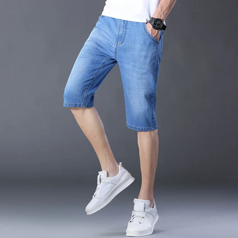 2024 New Minimalist and Trendy Summer Thin Men's Solid Color Pocket Zipper Fashion Casual Loose Straight Leg Denim Shorts Z622