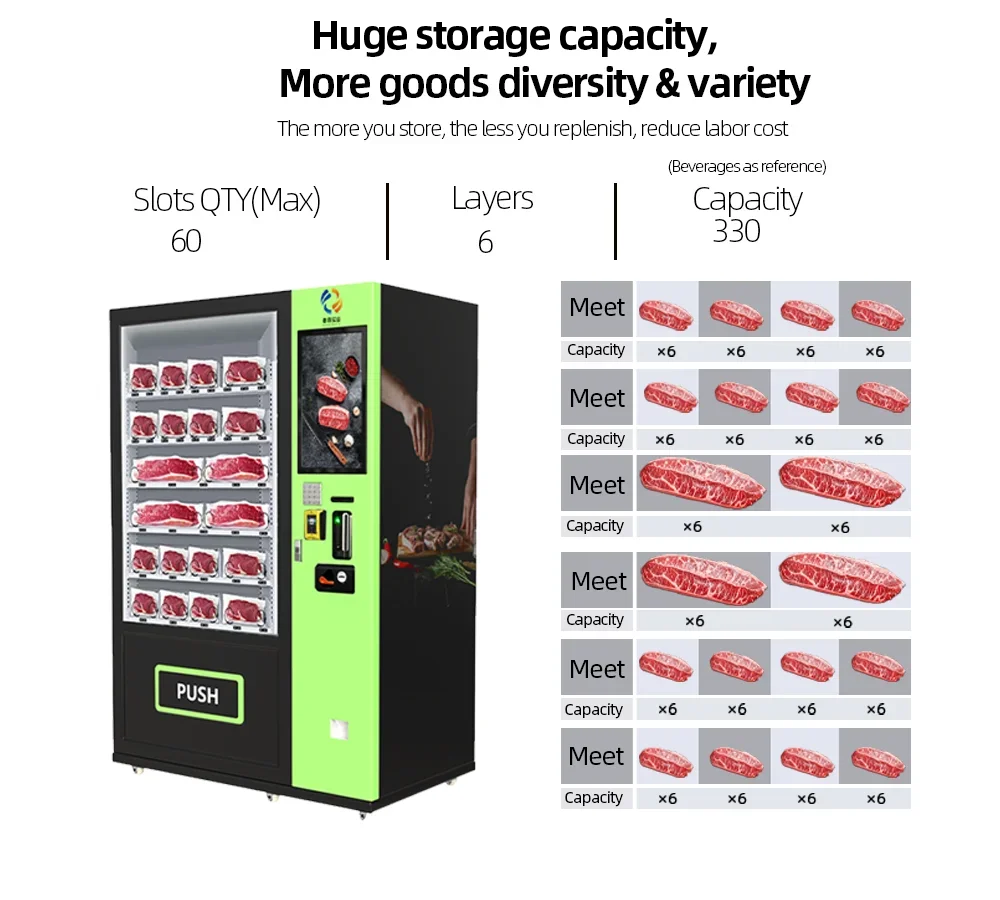 Fresh Frozen Meat Vending Machine Premium Beef Other Fresh Products Refrigeration Coin Payment System Touch Screen Metal