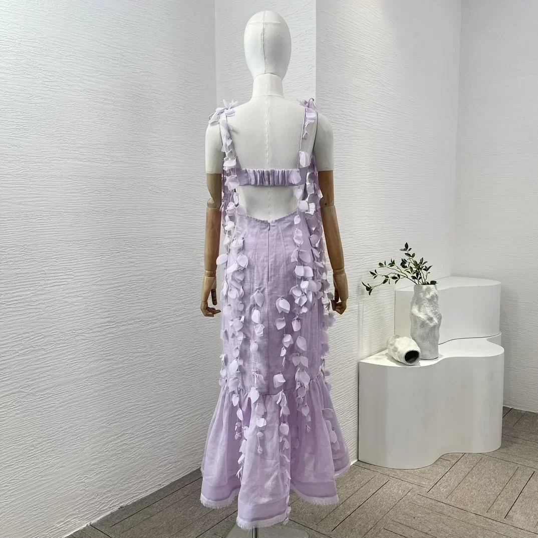 Women Collection 2024 New Silk Linen Violet Purple Sleeveless Petal Decoration Patchwork Midi Mermaid High Quality Dress