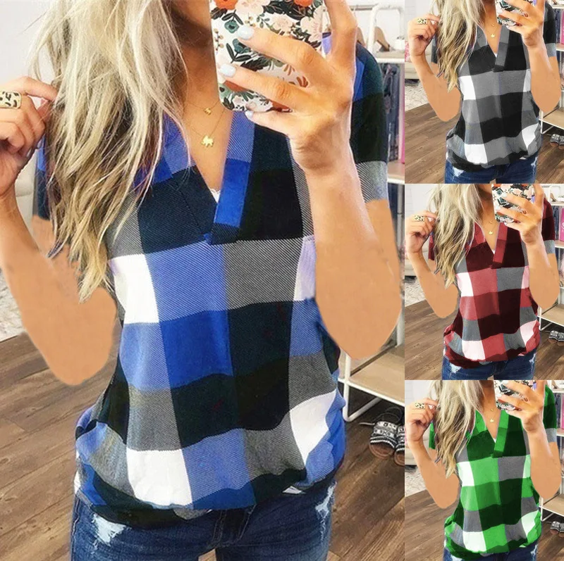 Damska koszula w stylu vintage z krótkim rękawem V Neck koszule w kratę letnia damska bluzka na co dzień topy Streetwear koreański styl wyprzedaż