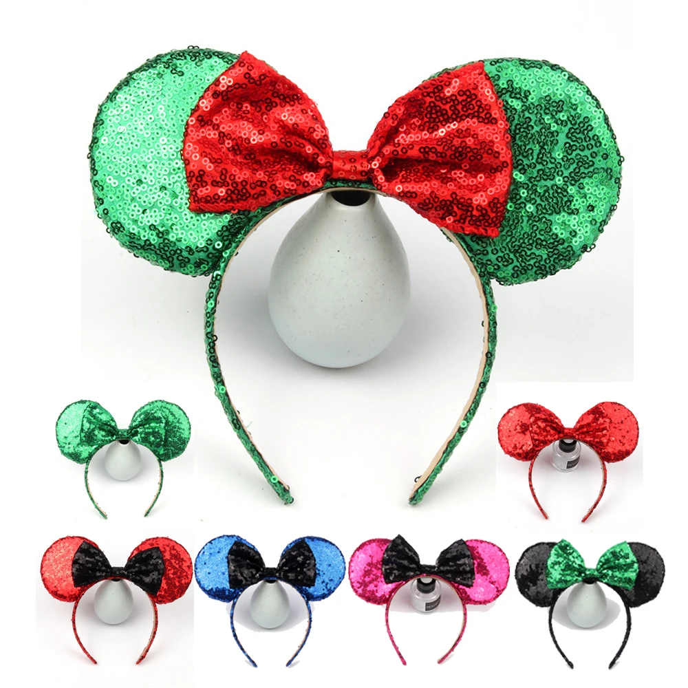 Hairs Bows Red Green Minnie Mouse Ears Headband Festival DIY Accessories Hairband Christmas Sequin Hair Bows Girls Women Gift