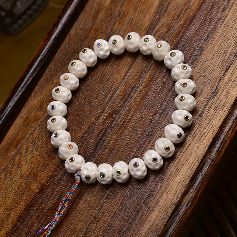 Natural Bone Carving Crater Single-Wrap Duobao Inlaid Tibetan Style Prayer Plain Beads Bracelet