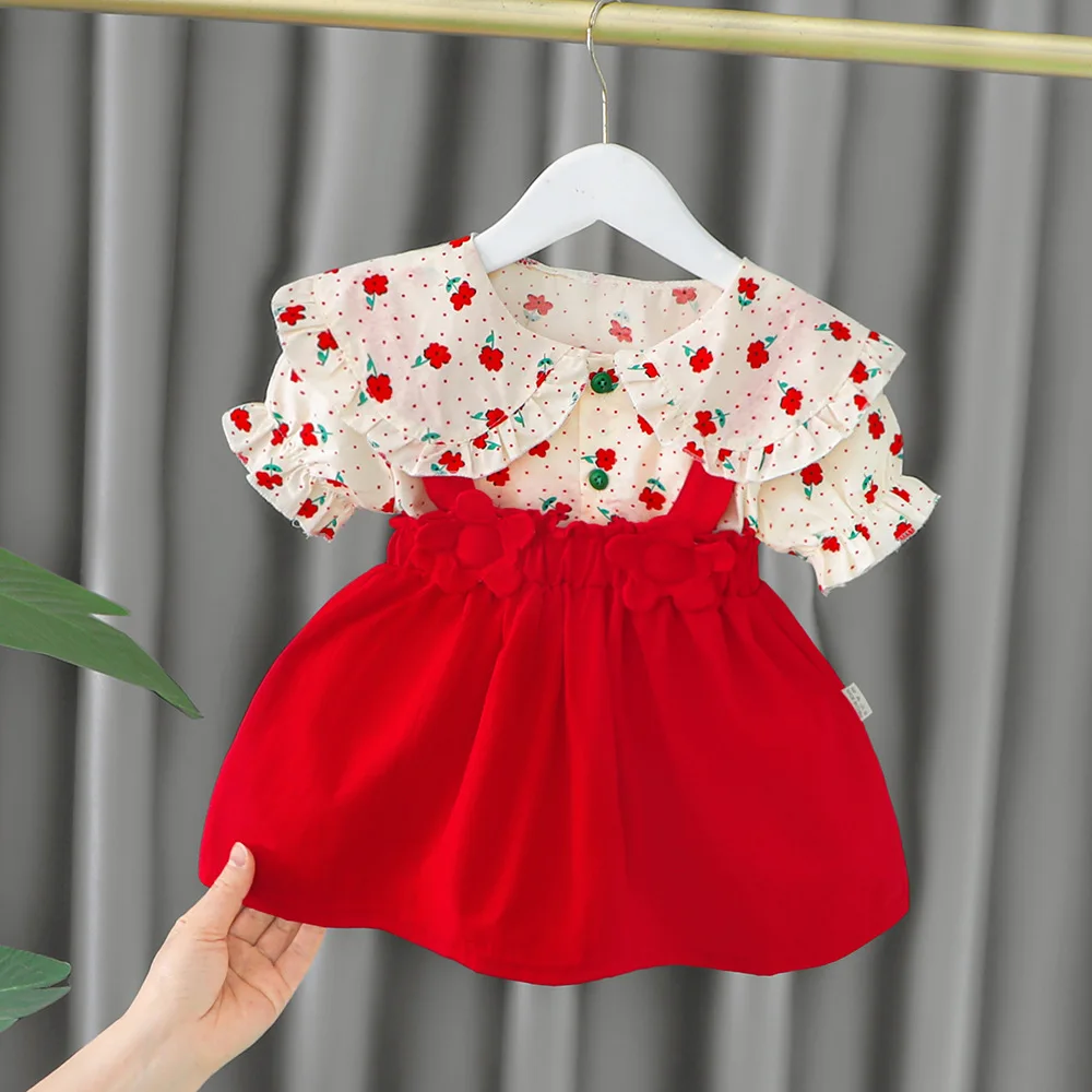 

New Toddler Baby Girl Clothes Set Ruffle Lapels Floral Print Shirt Top Flowers Strap Dress Summer Fashion Clothes Suit