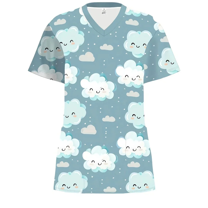 LadiesVNurse uniform，Cute cloud print，Suitable for use in dental clinics and offices，Machine Washable，Ideal work-casual attire