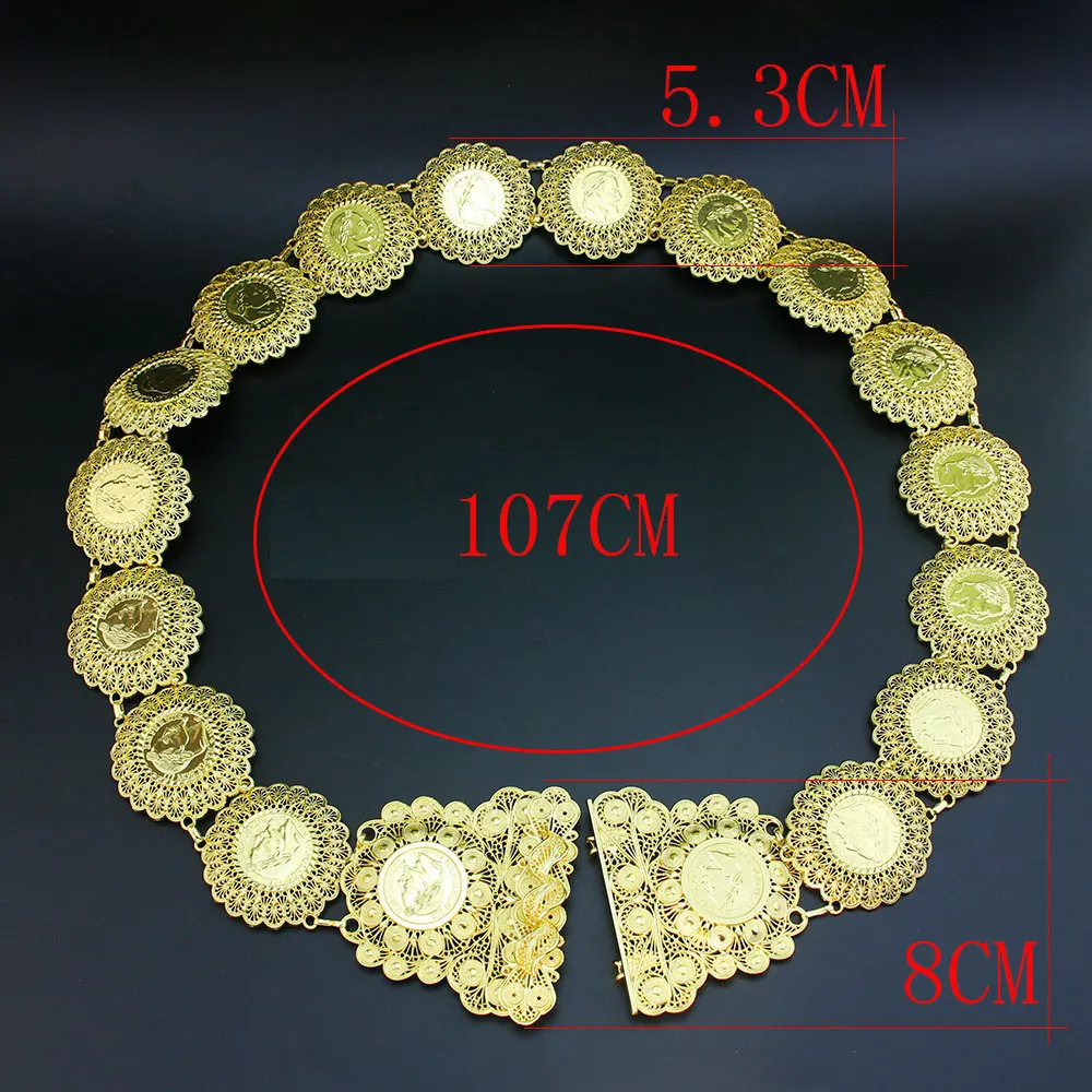 Sunspicems Francais Empire Algeria Coin Belt For Women Gold Color Napoleon Waist Chain Kaftan Belt Morocco Bride Jewelry