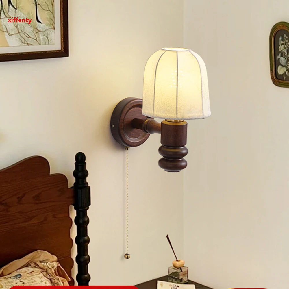 

Wooden Wall Lamp with Plug LED Bedside Wall Lamp for Living Room Retro Master Bedroom Decorative Entrance Lighting