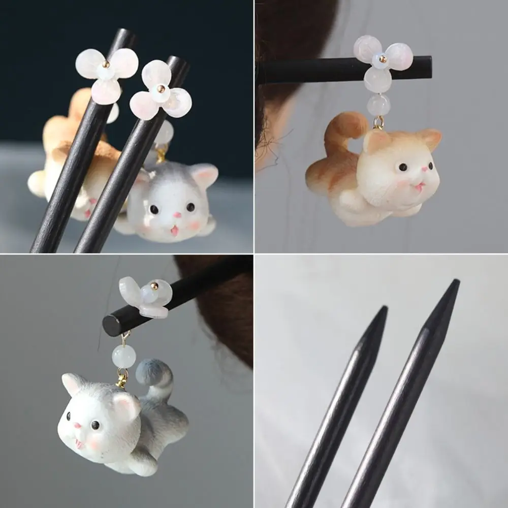 Cute Cat Wooden Hair Stick Tassel Chinese Style Hanfu Hairpin Hair Chopstick Hair Sticks for Buns Hanfu Accessories