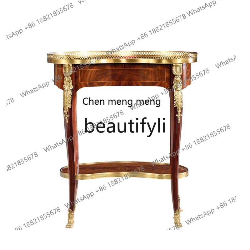 

French New Chinese Style Pure Copper Edged Double-layer Small Corner Table Vintage Peach Core Wood Living Room Sofa