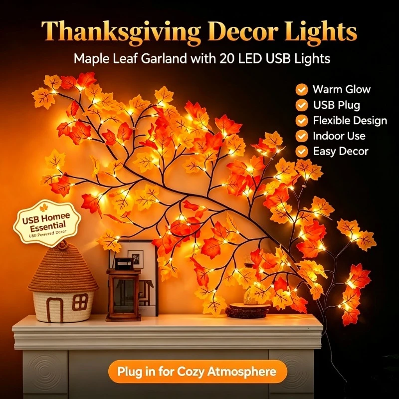 Thanksgiving Autumn Maple Leaf Vine Wall Light, Flexible Branch LED Fairy String Light Fall Maple Garland Lamp for Fireplace Wall Home Bedroom Decor