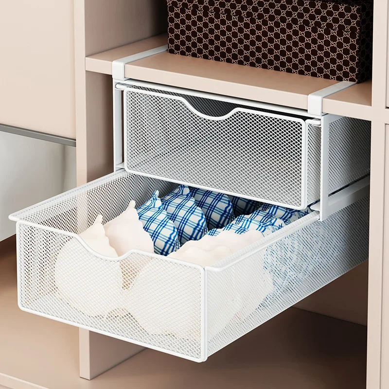 

No Punching Wardrobe Double-layer Storage Box Carbon Steel Pull-out Hanging Shelf Grid Placement Underwear Storage Drawer