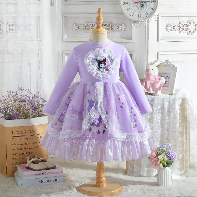 Cartoon Kuromi Mädchen Prinzessin Kleid Anime Sanrios niedlichen süßen Lolita Rock Mode Tutu Rock Frühling Herbst Kinder Kleidung Geschenk