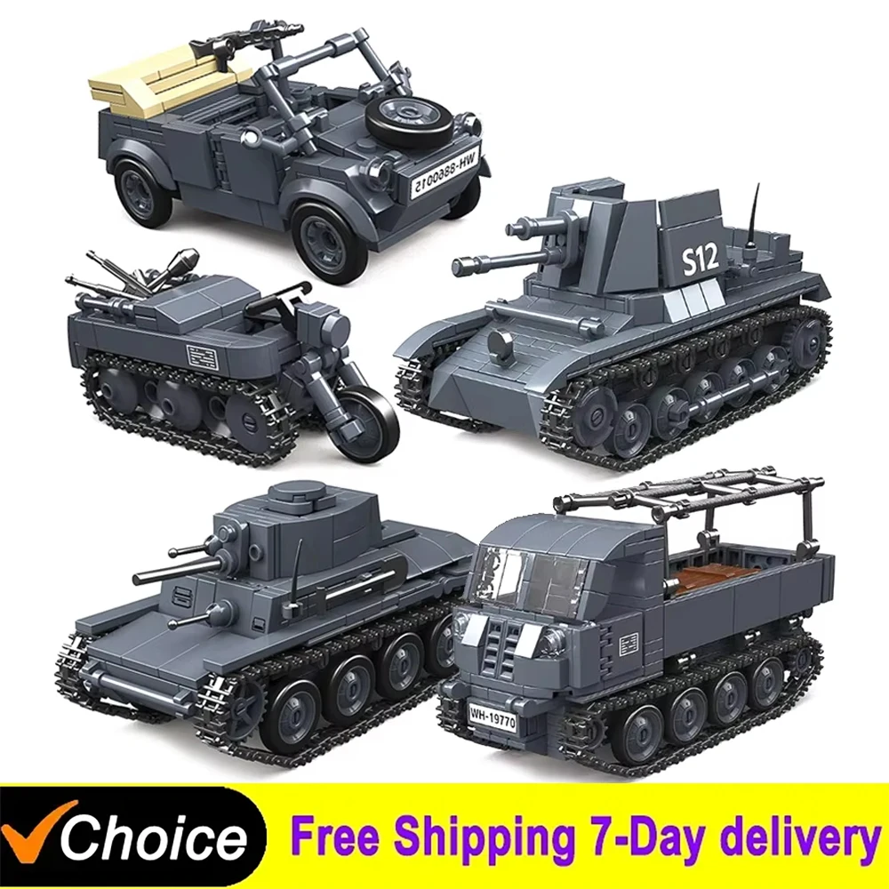MOC Military Classic Model Type 82 Kübelwagen and Sd.Kfz.2 Half Track Motorcycle Weapons Building Blocks Bricks Toys Kid Gifts ﻿