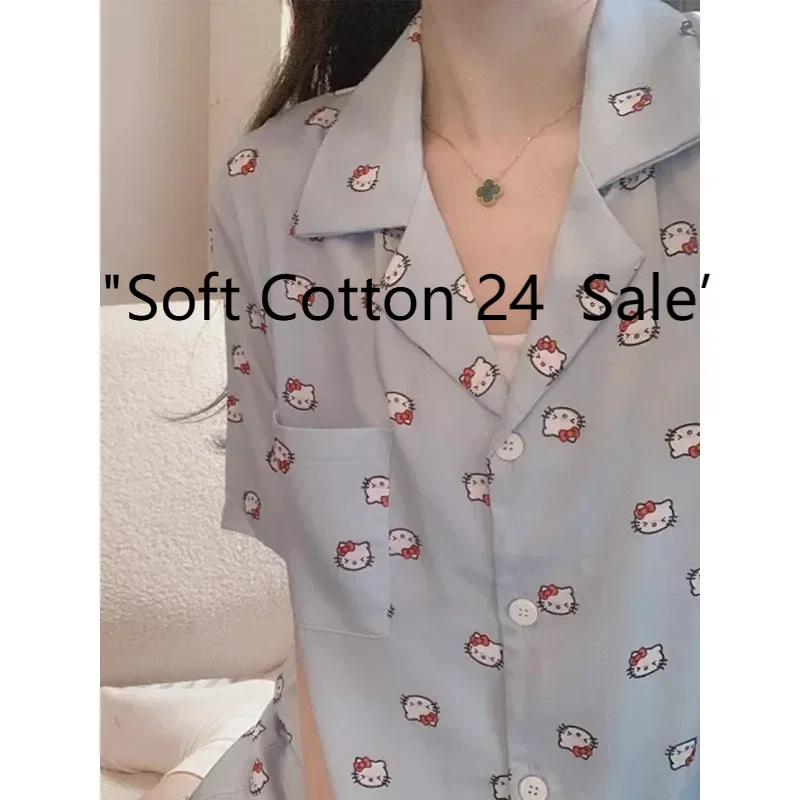 

New women's cartoon pajamas, blue Hello Kitty loungewear set, summer cartoon cute pajamas set, Sanrio loungewear two-piece set