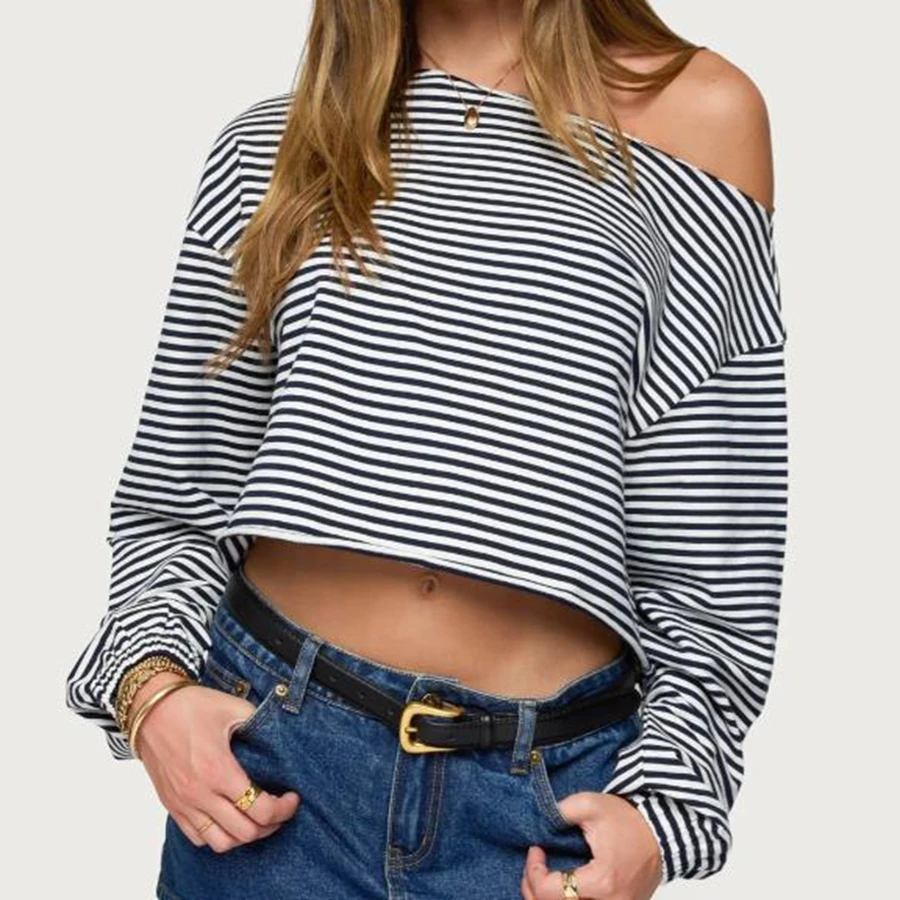 2025 Collection Women Sweatshirt Long Sleeve Oblique Neck Solid/Stripes Hoodie Pullover Crop Top
