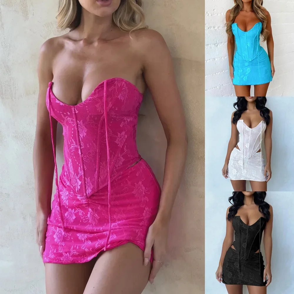 Trend Halter Tops Sets Women Sexy Skinny Dress Sets Backless Lace-up Irregular Top Sexy Hot Girl Short Skirt Two-Piece Sets