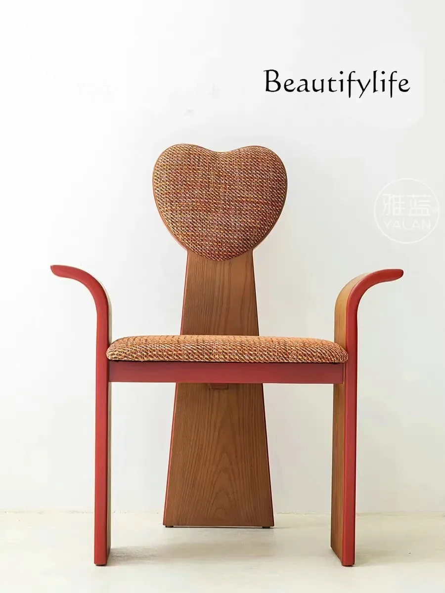 

French retro solid wood dining chair medieval peach heart backrest fabric adult casual armrest study chair