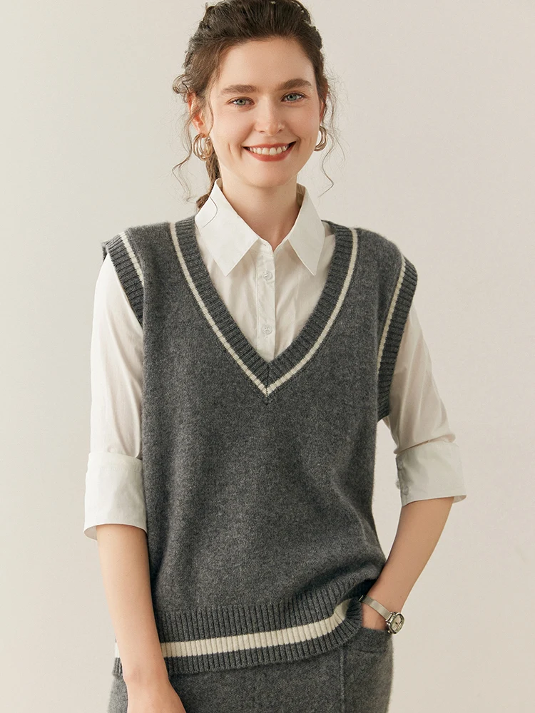 

Chic Retro Preppy Style Waistcoat Women's Sleeveless Vest 100% Cashmere Sweater Autumn Winter V-Neck Luxury Soft knitted Tops