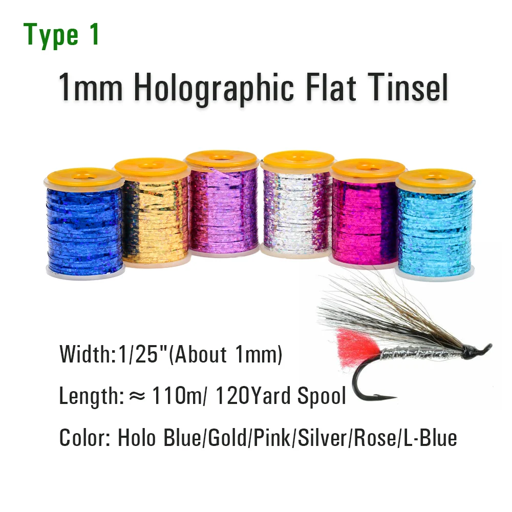 2PCS  0.3mm/1mm Holographic Tinsel Fly Tying Flat Mylar Tinsel Flash Tape Material for Buzzer, Midges,Streamer Flashback Nymphs