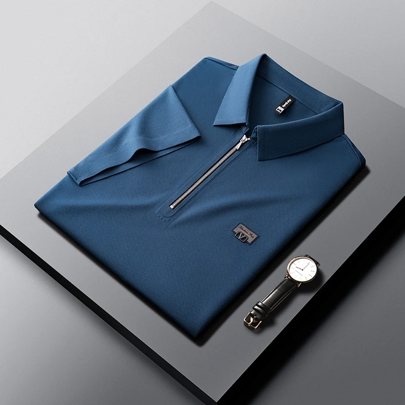 

High end Ice Silk Breathable Half Zip Polo Neck T-shirt Men's Short Sleeve 2023 Summer Fashion Embroidery Business Polo Shirt