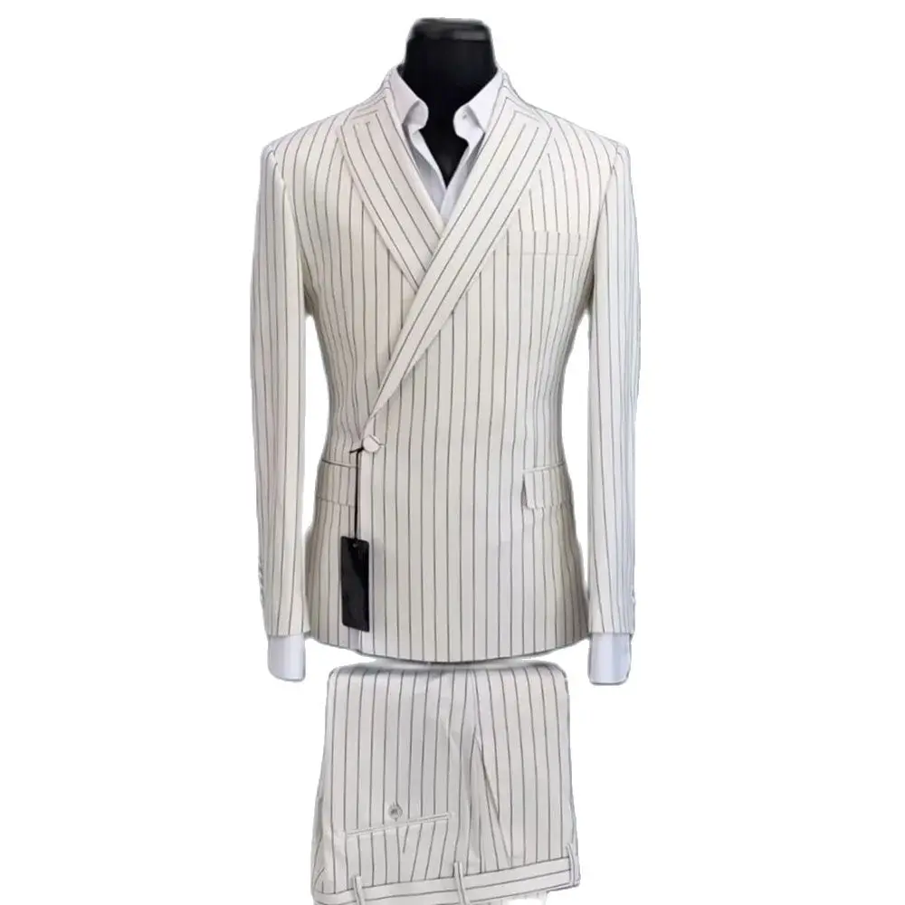 Trajes a rayas para hombre, traje blanco de 2 piezas elegante con un botón y solapa de pico, ropa de oficina de negocios, traje informal diario delgado para hombre (Blazer + pantalones)