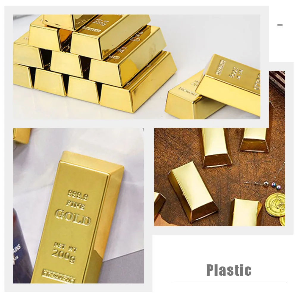 10pcs Simulation Halloween Photo Props Plastic Pirates Golden Bricks Gold Ingot Gold Bar Toy Faux Gold Brick