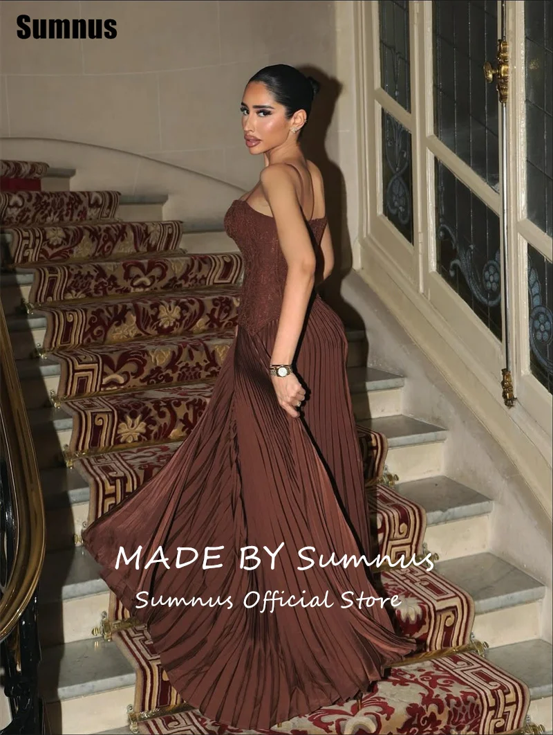 Sumnus فساتين سهرة أنيقة على شكل حرف A باللون البني من الدانتيل على شكل قلب ثنيات فساتين رسمية مخصصة #2
