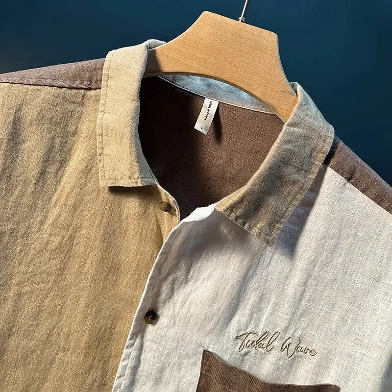 Color-blocked Linen Shirt New Men's Summer Loose Casual Splicing Top Japanese Thin Trendy Short Sleeves