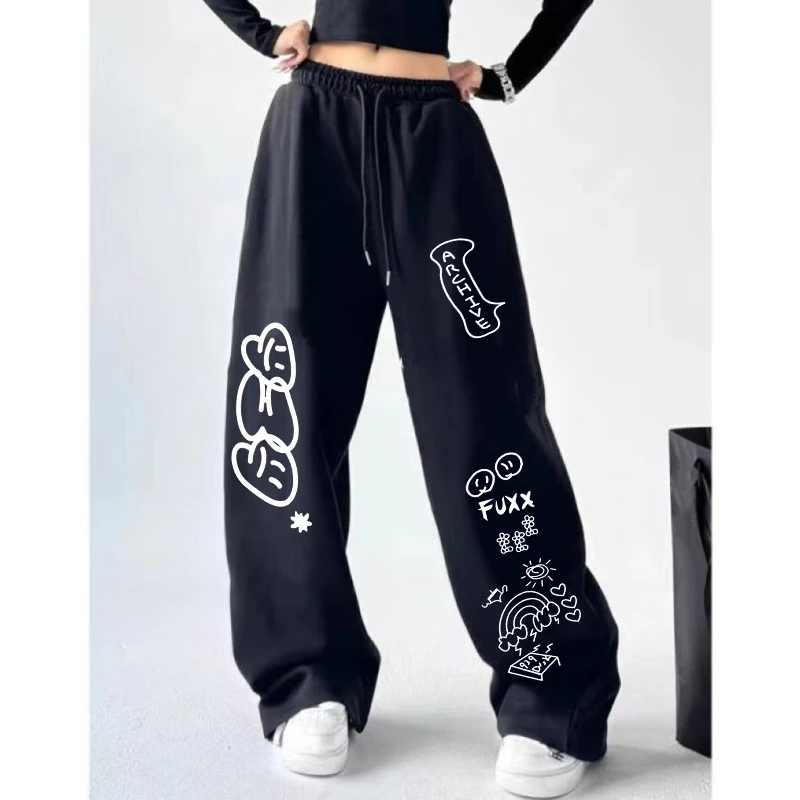 女性用ハイウエストプリントパンツ,ドローストリング付きロングパンツ,カジュアル,オールマッチ,ヴィンテージ,韓国,カワイイ,ソフト,キュート,新品