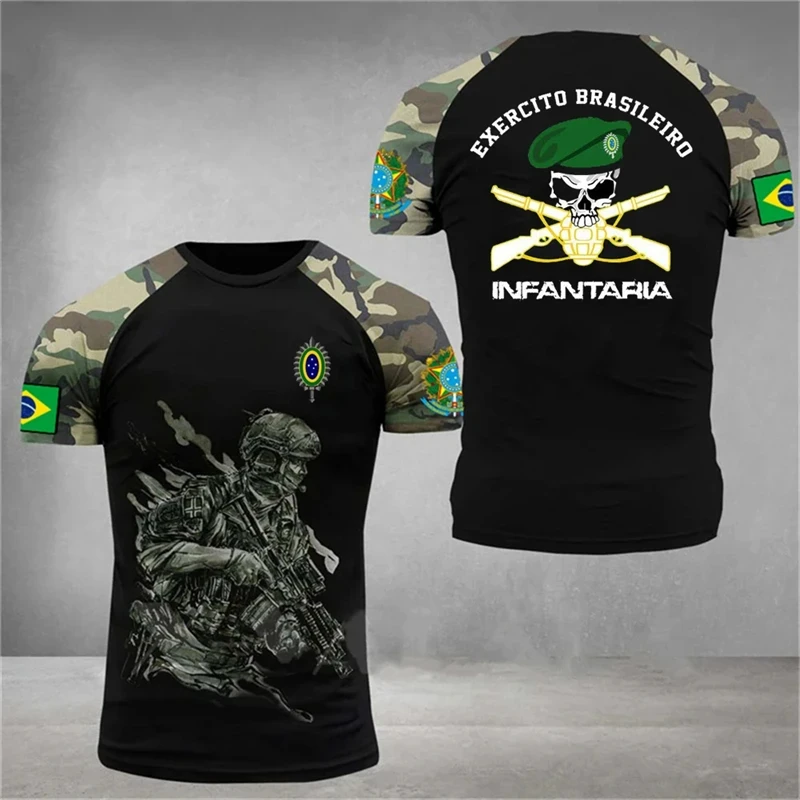 Brazilian Army Men\'s T-shirts Veteran Print Round Neck Short-sleeved Military T Shirt Casual Oversized Men Clothing Streetwear