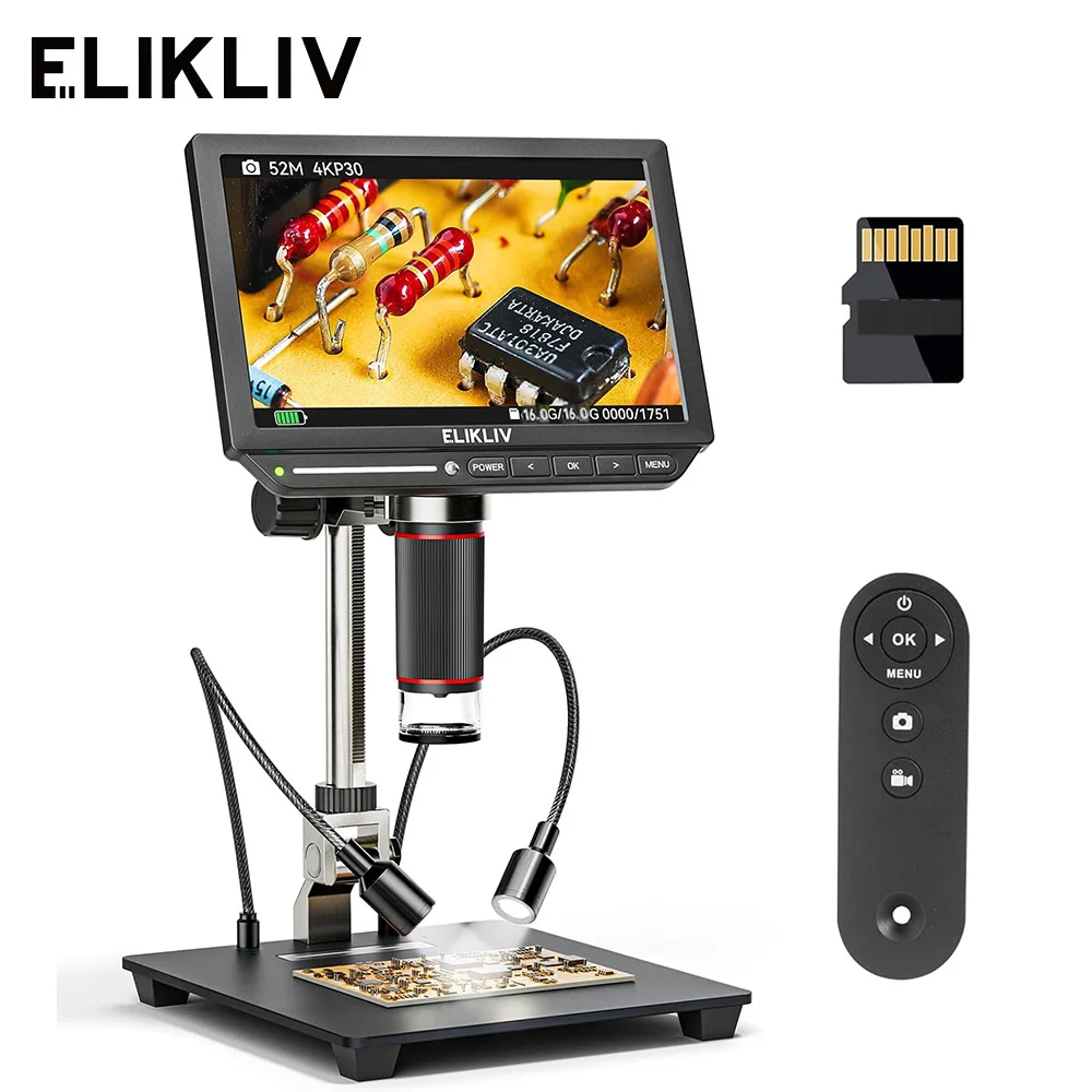 Elikliv EM4K 4K HDMI Digitalmikroskop für Elektronik 8" 2000X Lötmikroskop für PCB-Inspektionsreparatur mit 10" Ständer