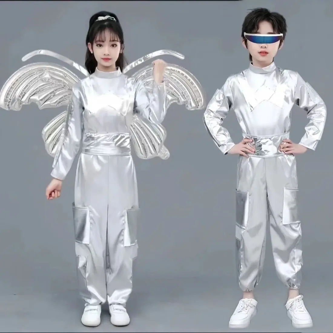 Children Silver Astronaut Spacesuit Dance Costume for Elementary Middle School Cosplay Performances Dance Fashion Set with Wing