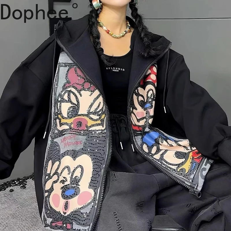 

Американская уличная винтажная толстовка с капюшоном, модное пальто с вышивкой и блестками, кардиганы на молнии с героями мультфильмов, универсальная красивая осенне-зимняя куртка