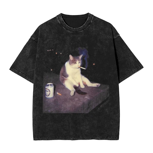 Imagen 1 del producto Cigarrillo gatito divertido gato fumar Meme camiseta lavada hombres algodón loco mujeres camiseta cuello redondo camiseta Top ropa regalo