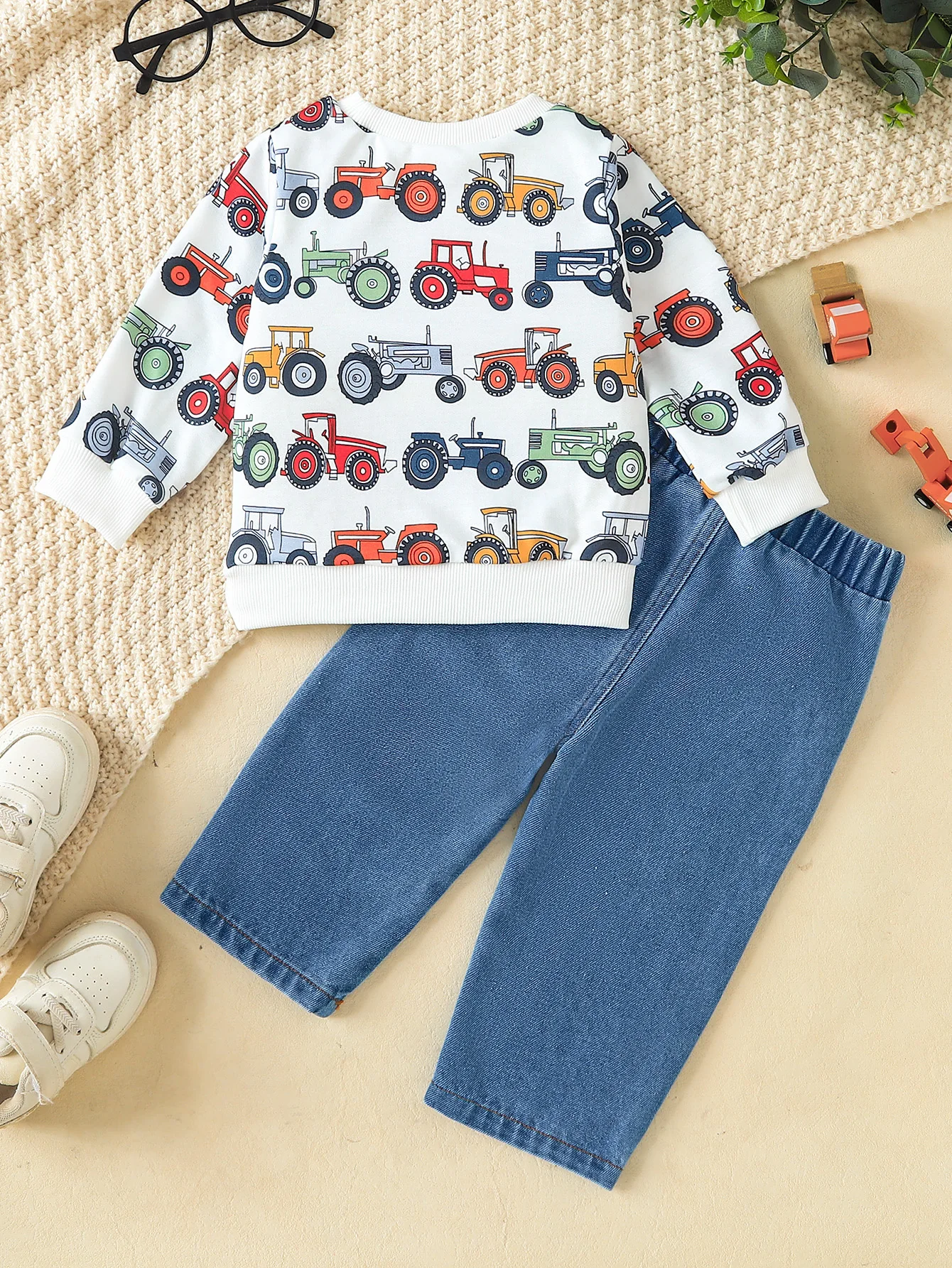 Toddler Boys 6M-4Y Tractor Print Long Sleeve Sweatshirt & Ripped Denim Pants 2Pcs Casual Outfit Kids Autumn Clothing Set