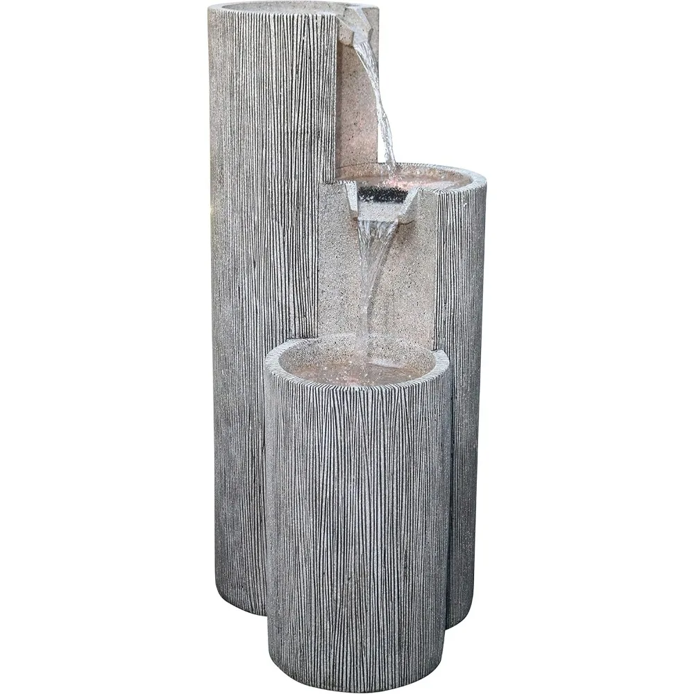 Outdoor Floor 3-Tiered Weathered Stone Water Fountain with Natural Stone Look, 41