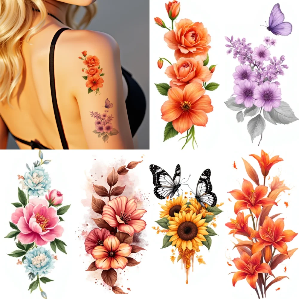 9pcs Temporary Tattoo Red Roses Temporary Tattoo Stickers Blue Peonies Orange Lilies Waterproof Long-lasting Body Stickers For