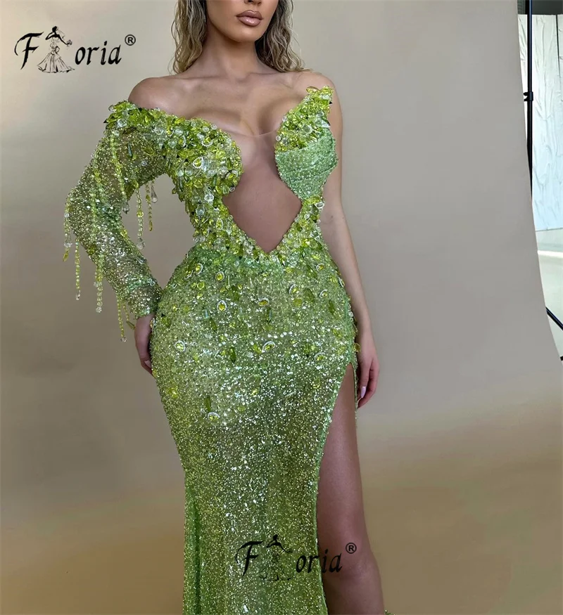 New Dubai Crystal Beaded Evening Wedding Dress with Overskirt Green Slit Mermaid Formal Party Gown Arabic robe de soiree femme