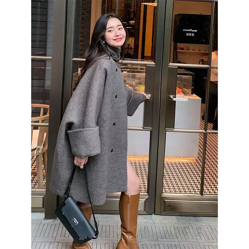 

Korean Fashion High-end Temperament Gray Coat Hepburn Style Woolen Cape Coat Women's Autumn and Winter Thickened Loose Jacket