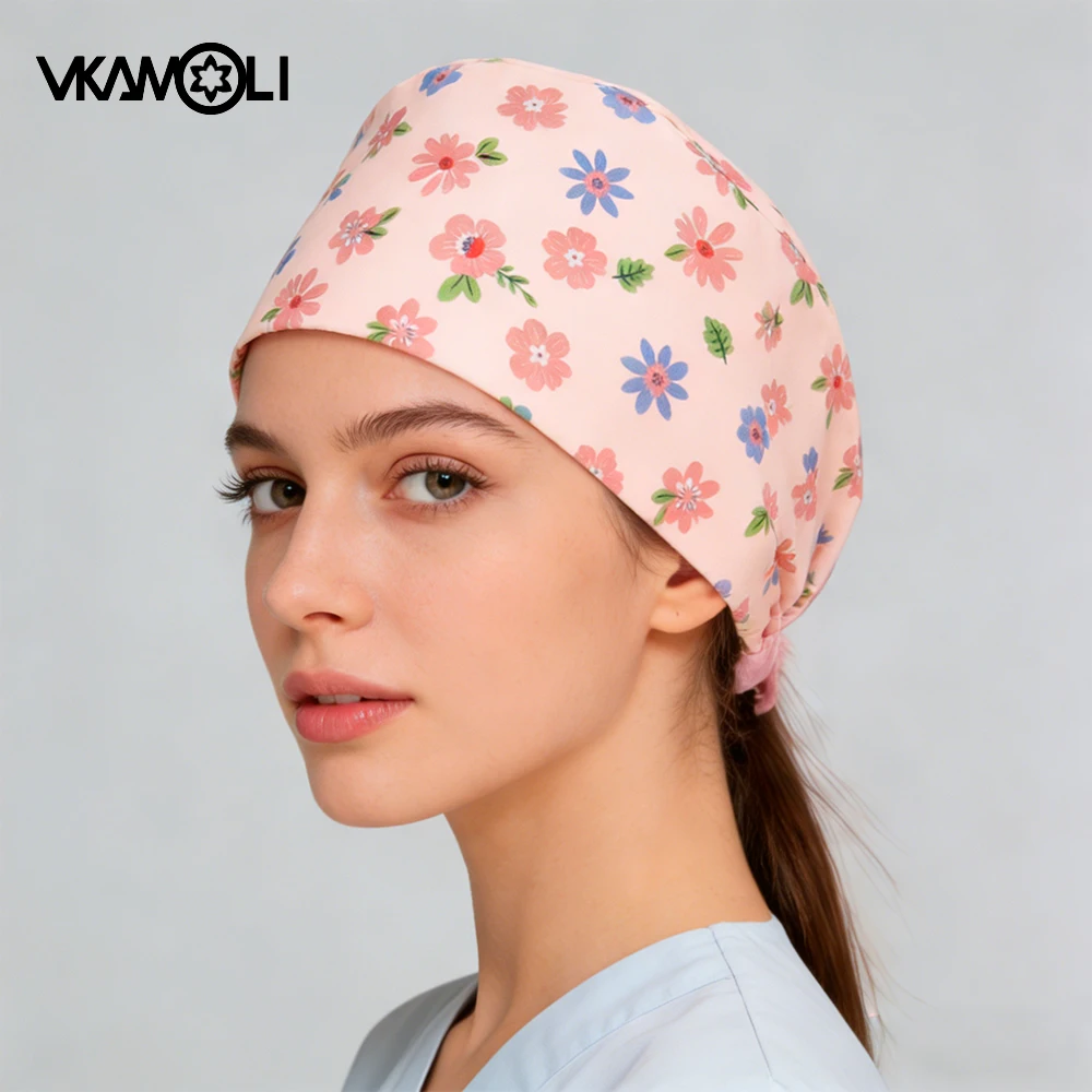 

Розовая медицинская шапочка с цветочным принтом, женская хирургическая шапочка, пылезащитная рабочая шапочка для медсестер