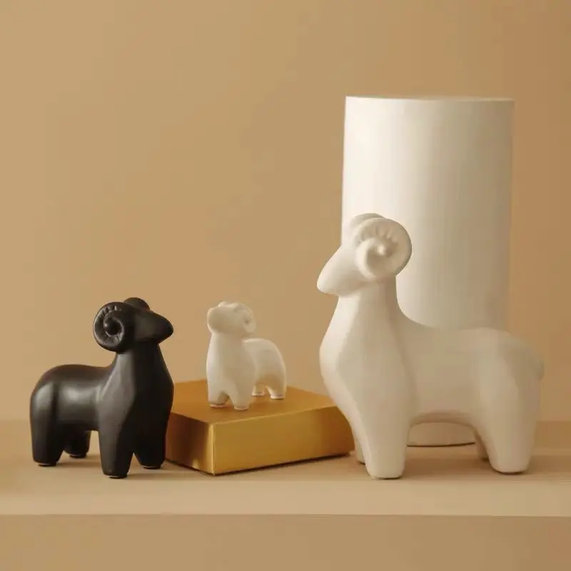 Matte Abstract Sheep Creative Animal Black and White Figurines Friendly Ceramic Home Decoration Accessories Porcelain Crafts